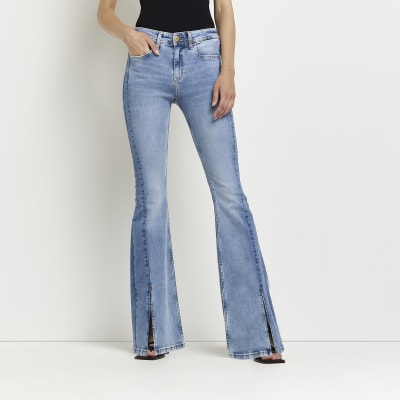 Blue denim split hem flare jeans River Island