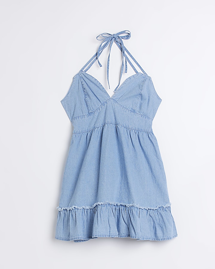 Blue denim strappy swing mini dress
