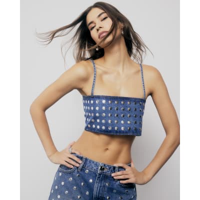 Blue Denim Studded Crop Top