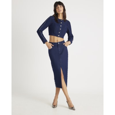 Blue Denim Studded Cropped Jacket