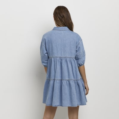 Blue denim tiered maternity smock dress
