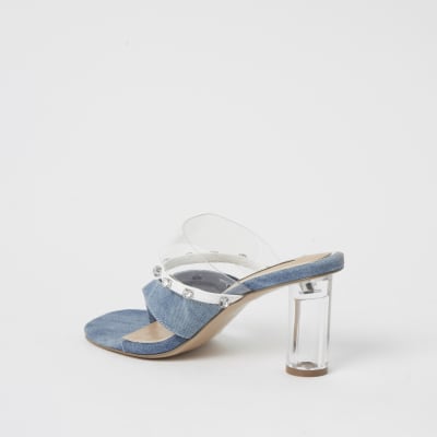 Blue denim toe thong diamante mule sandals