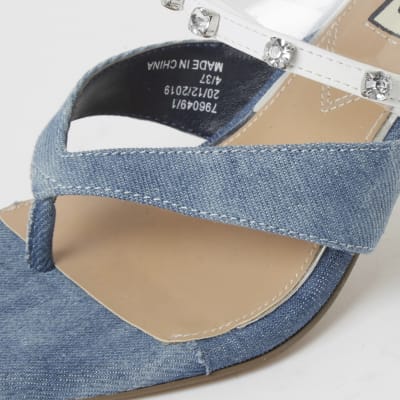 Blue denim toe thong diamante mule sandals