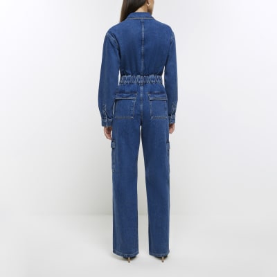 Blue denim utility jumpsuit