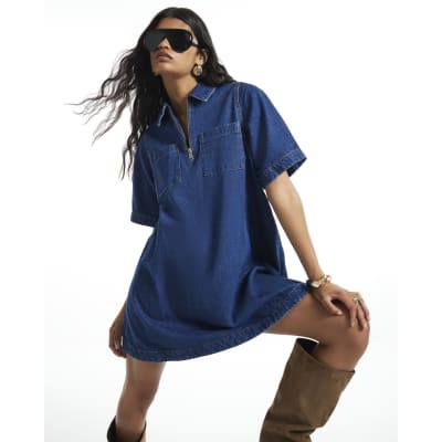 Denim Zip Front Mini Shirt Dress