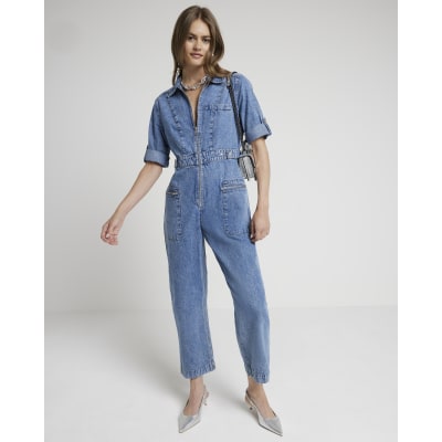 Blue Denim Zip Up Jumpsuit River Island