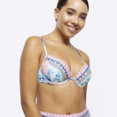 Blue Diamante Balconette Bikini Top River Island