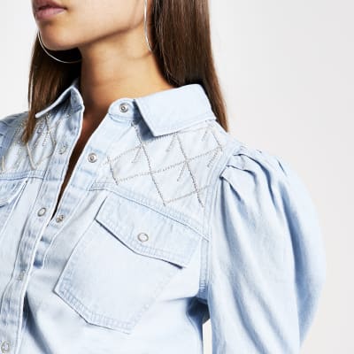 Blue diamante embellished denim shirt 