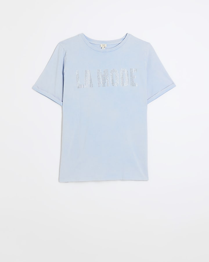 Blue diamante embellishment t-shirt | River Island