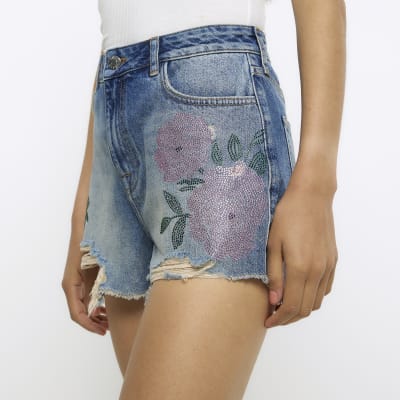 Blue diamante floral denim shorts River Island