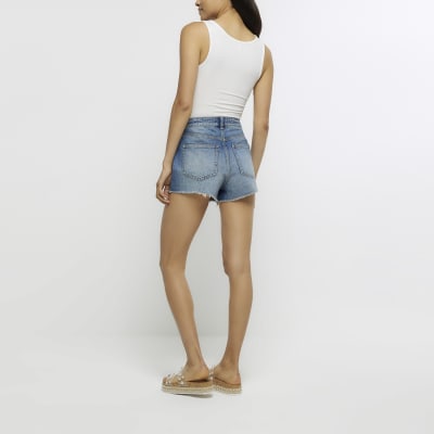 Blue diamante floral denim shorts