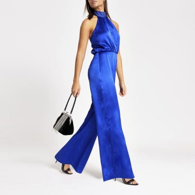 blue satin jumpsuit