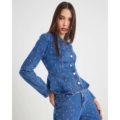 Blue Diamante Peplum Denim Jacket