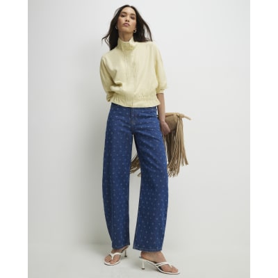 Blue Ditsy Texture Barrel Jeans