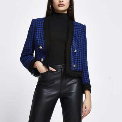 Blue dogtooth boucle crop blazer River Island