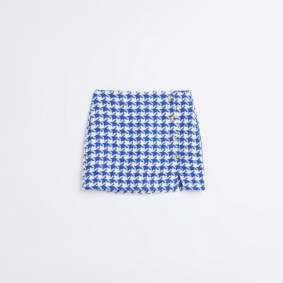 Blue dogtooth boucle mini skirt
