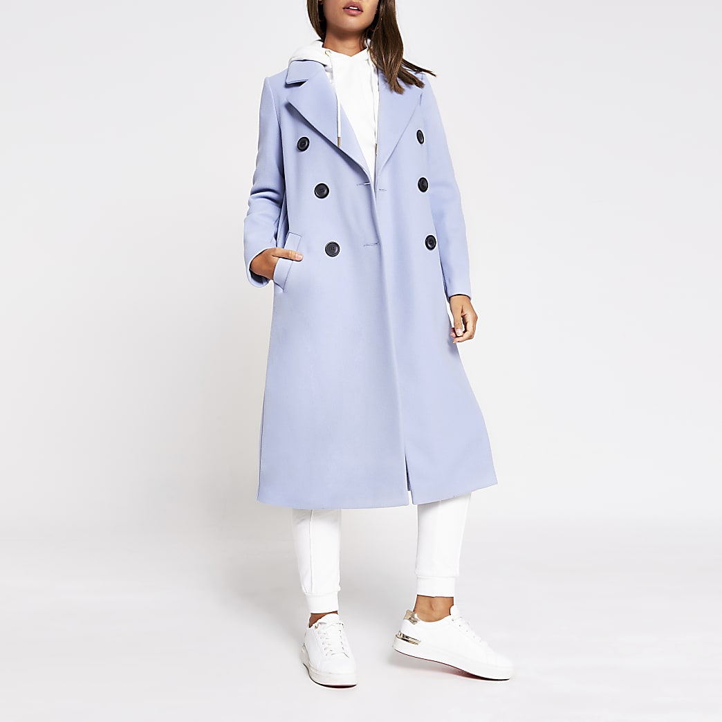 Blue double breasted coat | River Island