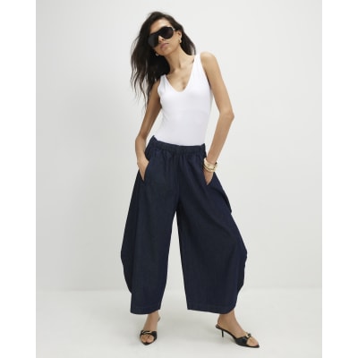 Blue Elasticated Horseshoe Barrel Leg Jeans