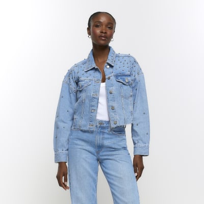 Blue embellished crop denim jacket | River Island