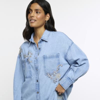 Blue embellished denim shirt River Island