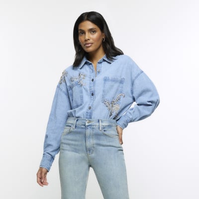 Blue embellished denim shirt River Island