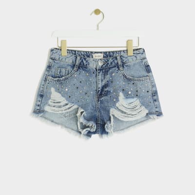 Blue embellished distressed denim shorts River Island