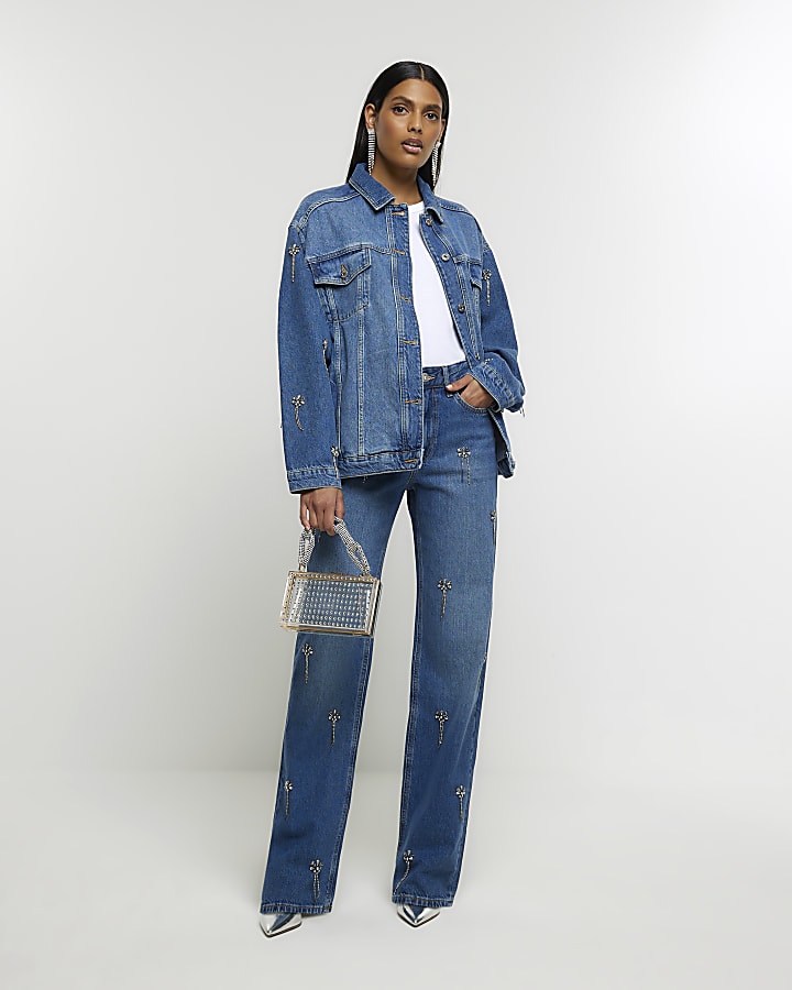 Blue embellished relaxed straight jeans | River Island