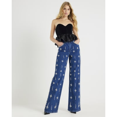 Blue Embellished Relaxed Straight Leg Jeans