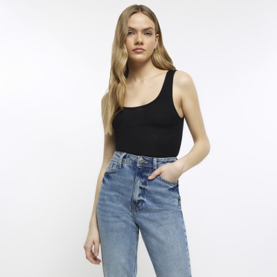 Blue embellished sculpt mom jeans