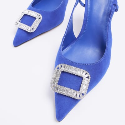 Blue Embellished Sling Court Shoes River Island