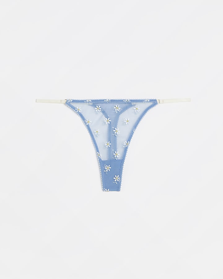 Blue embroidered floral thong