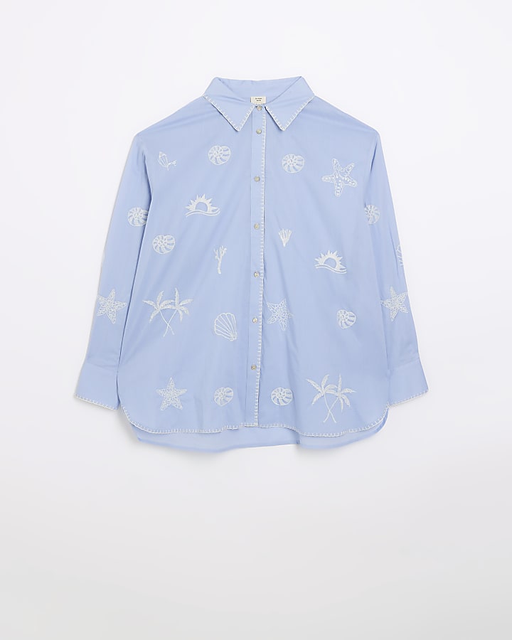 Blue embroidered long sleeve shirt
