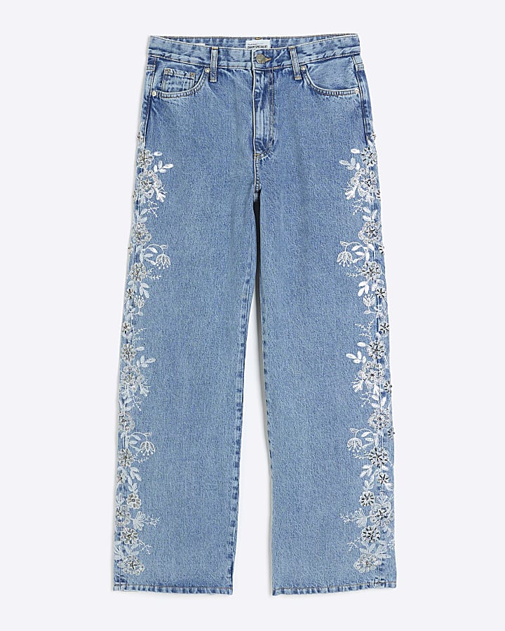 Blue embroidered relaxed straight jeans | River Island