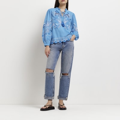 Blue embroidered smock top