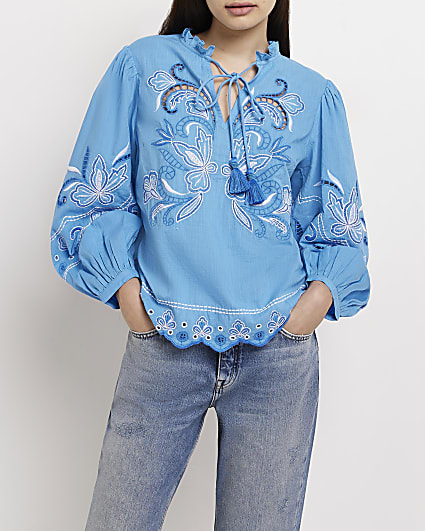 Blue embroidered smock top