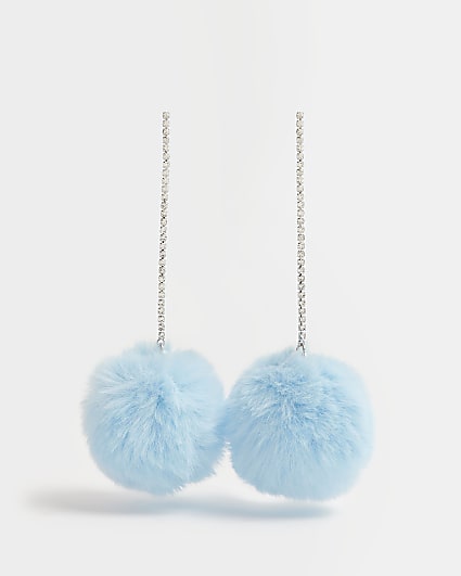 Blue faux fur ball drop earrings