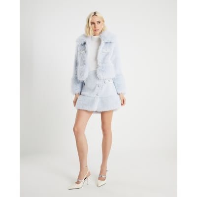 Blue Faux Fur Trim Boucle Trophy Jacket