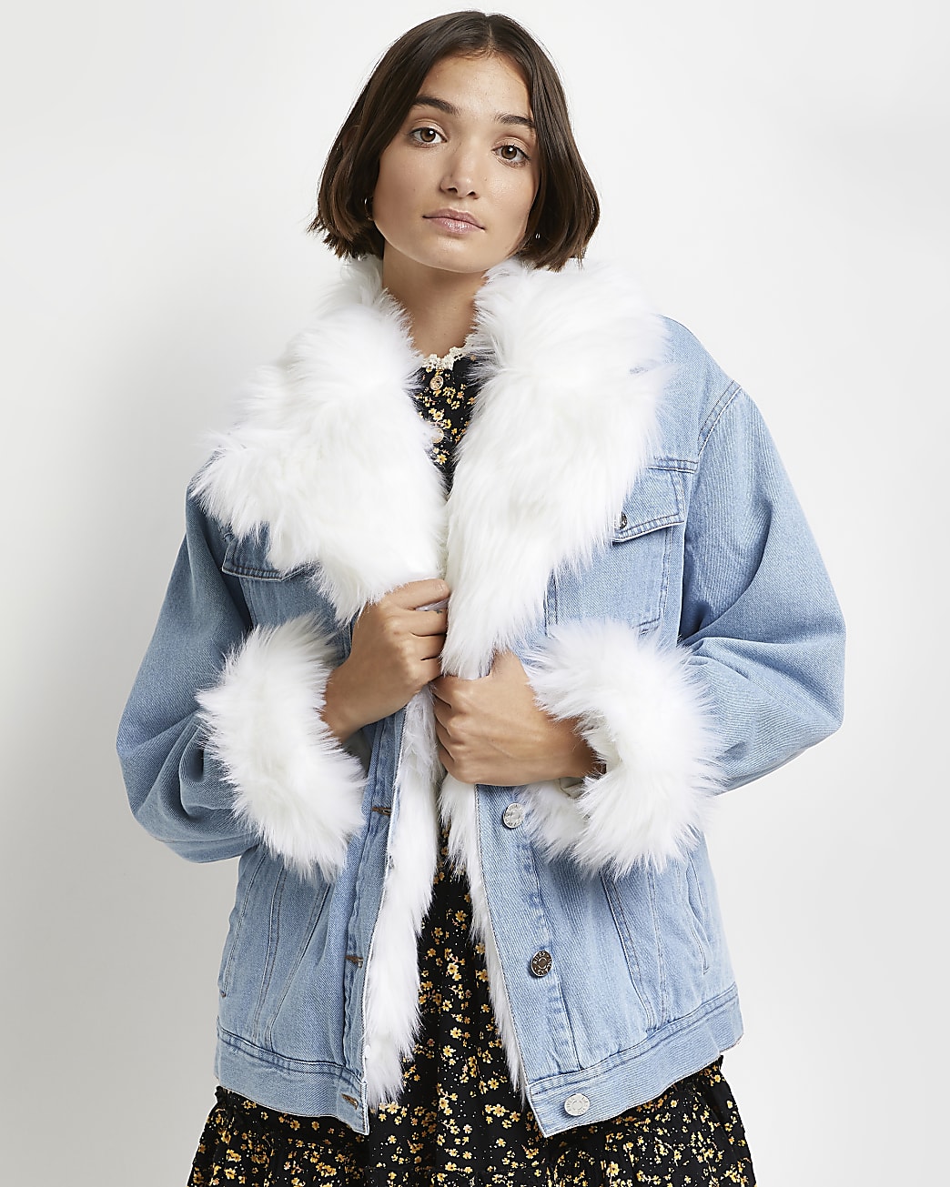 Blue faux fur trim oversized denim jacket