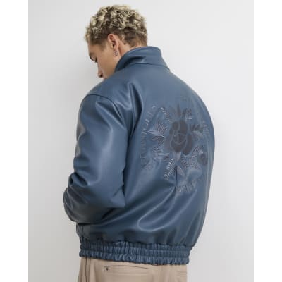 Blue Faux Leather Embroidered Bomber Jacket