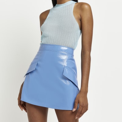 Blue faux leather mini skirt River Island