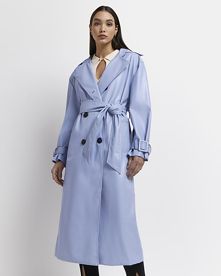 Blue faux leather oversized trench coat