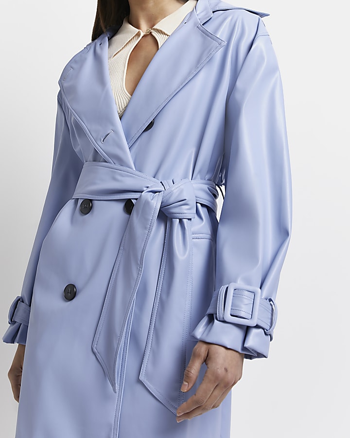 Blue faux leather oversized trench coat
