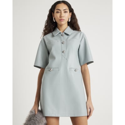 Blue Faux leather Pocket Detail Shirt Dress