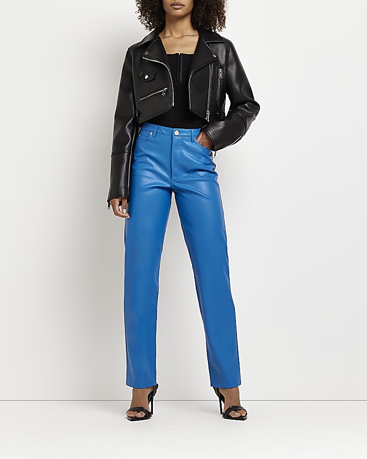 Blue faux leather straight trousers