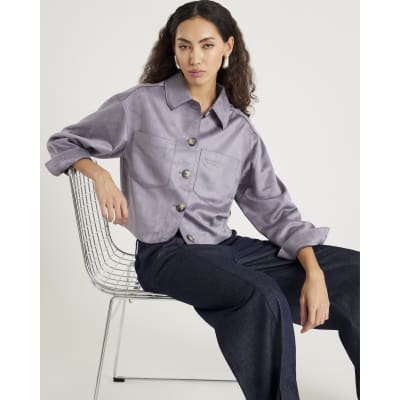 Blue Faux Suede Collared Overshirt