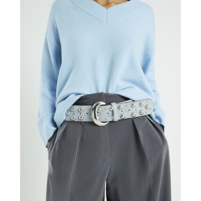 Blue Faux Suede Studded Belt