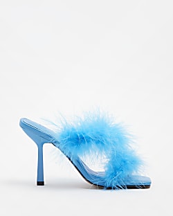 Blue feather heeled mules