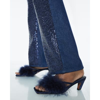 Blue Feather Kitten Heel Mules