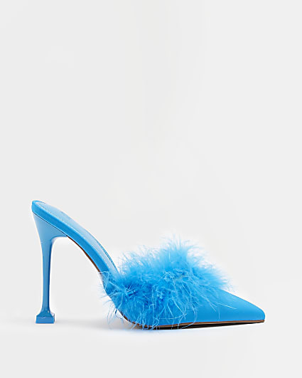 Blue feather trim heeled court shoes