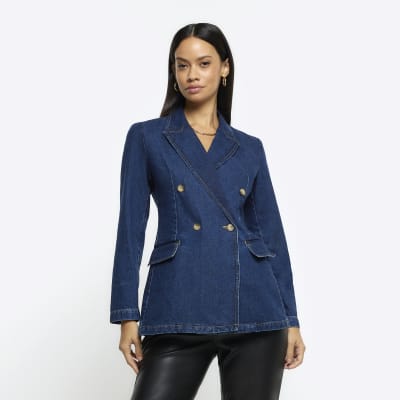 Blue fitted denim blazer | River Island